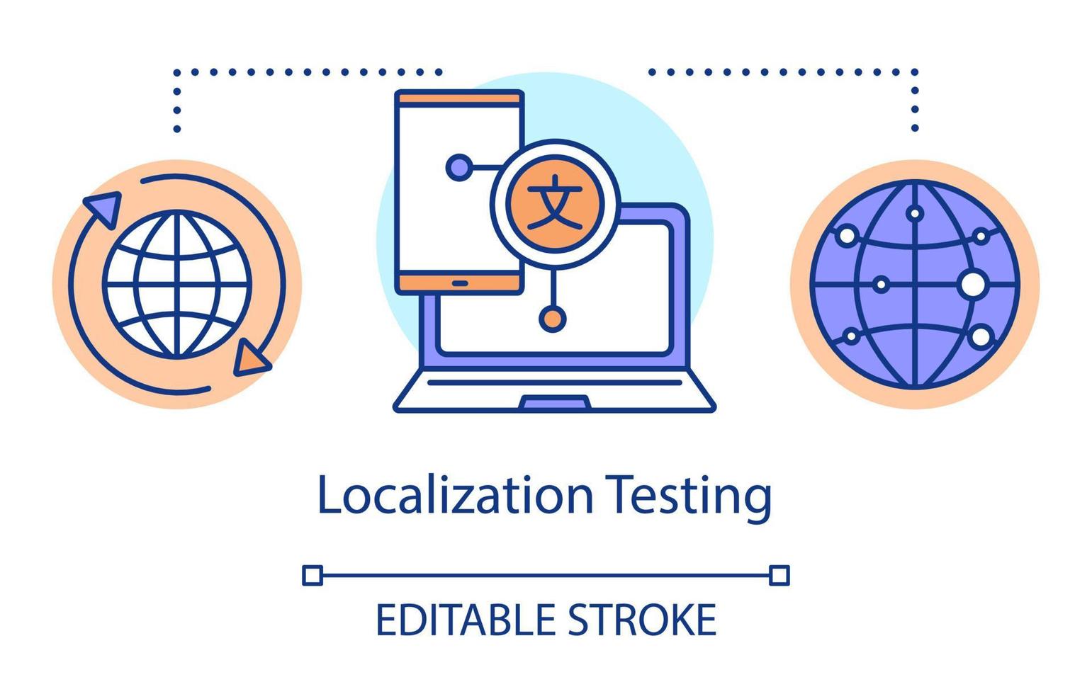 icona del concetto di test di localizzazione. controllo dell'illustrazione della linea sottile dell'idea della lingua. processo di test del software. indicando problemi e problemi. disegno di contorno isolato vettoriale. tratto modificabile vettore