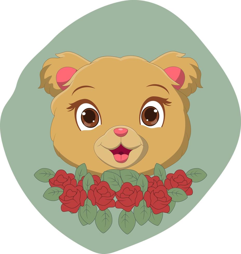 simpatico cartone animato testa di orso con fiori vettore