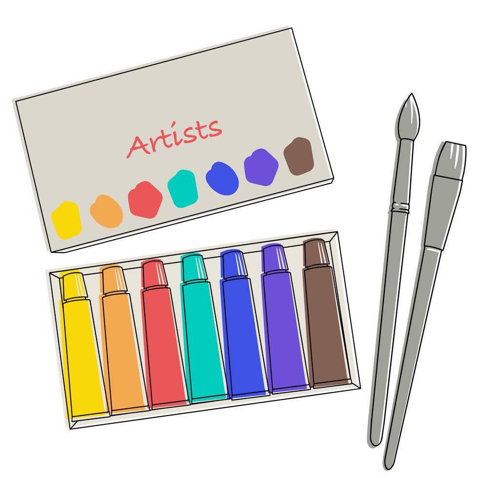 materiali artistici pennelli e tubi di pittura ad acquerello, olio o acrilico vettore
