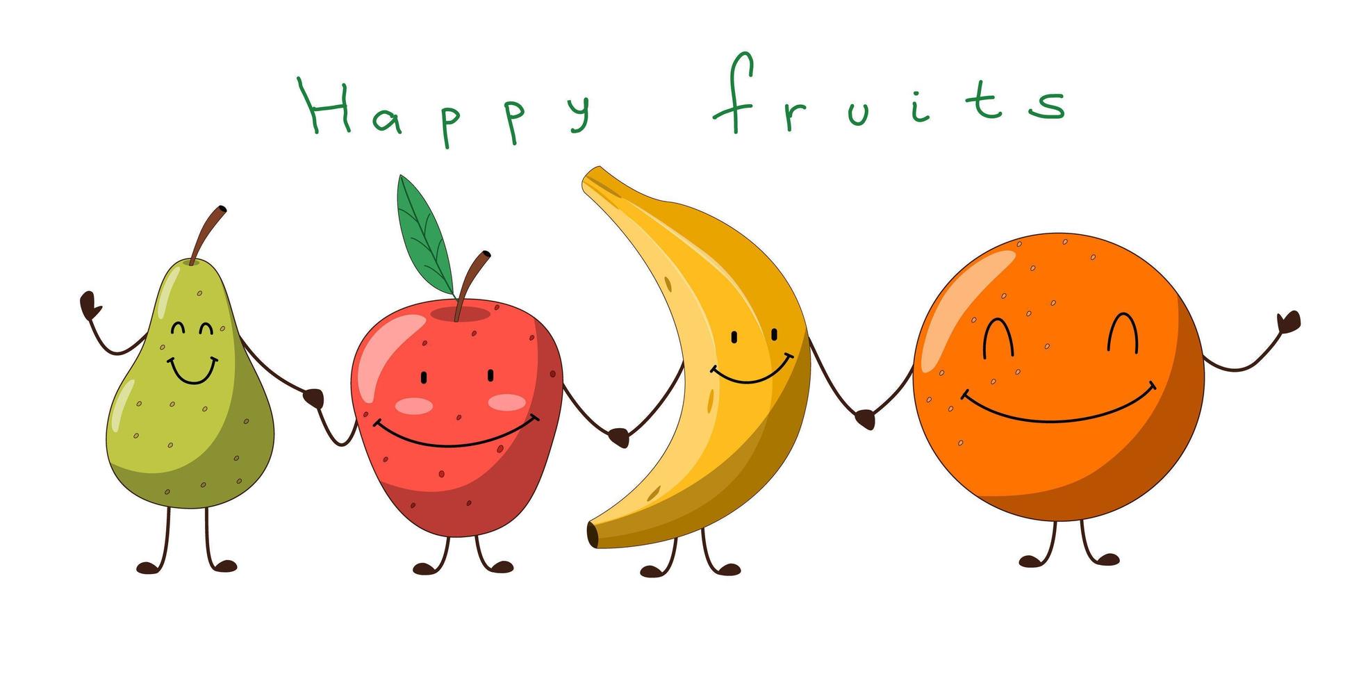 carino biglietto di auguri con un divertente personaggio dei cartoni animati di frutta. mela, pera, banana e arancia si tengono per mano e sorridono. vettore