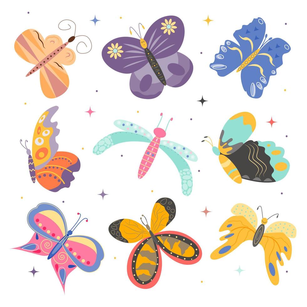 set di bellissime farfalle multicolori. illustrazione del fumetto di vettore
