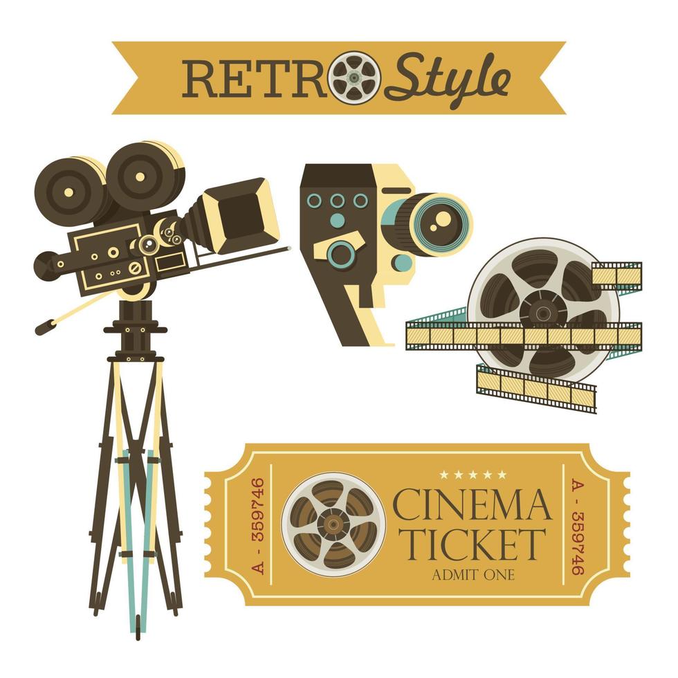 cineprese d'epoca, biglietti per il cinema, film. set di elementi di design vintage vettoriale. isolato su sfondo bianco. vettore