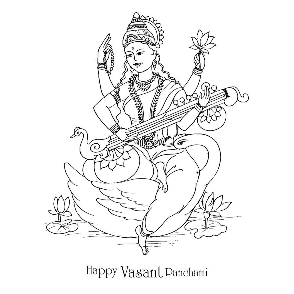 dio indiano saraswati maa sullo sfondo del festival religioso vasant panchami vettore