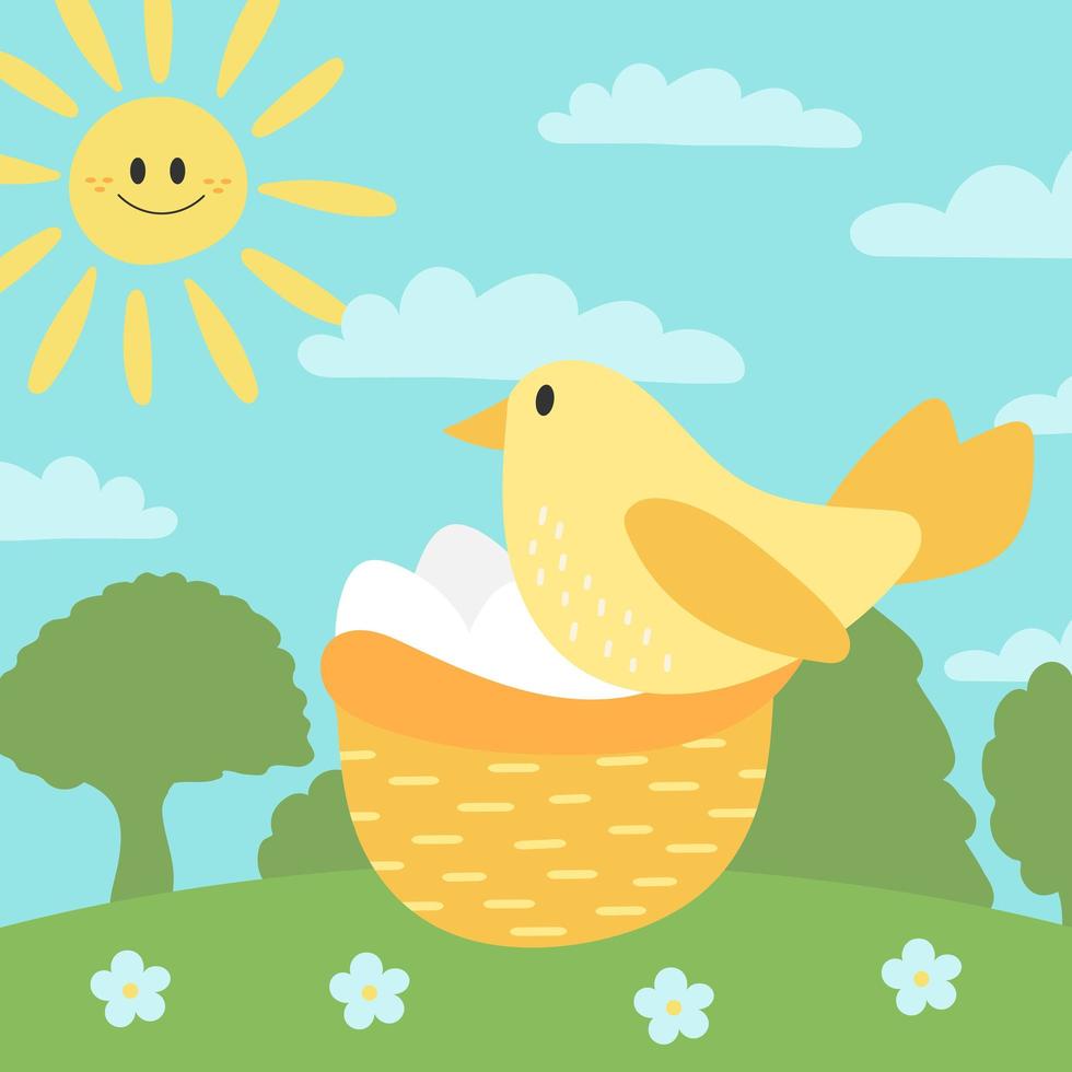 simpatico uccello con uova nel nido. uccellino felice, primavera. vettore