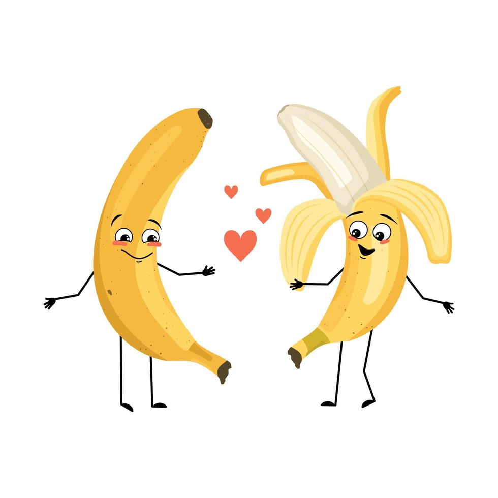 personaggio di banana con emozioni d'amore, viso sorridente, braccia e gambe. persona con espressione felice, emoticon di frutta tropicale. illustrazione piatta vettoriale