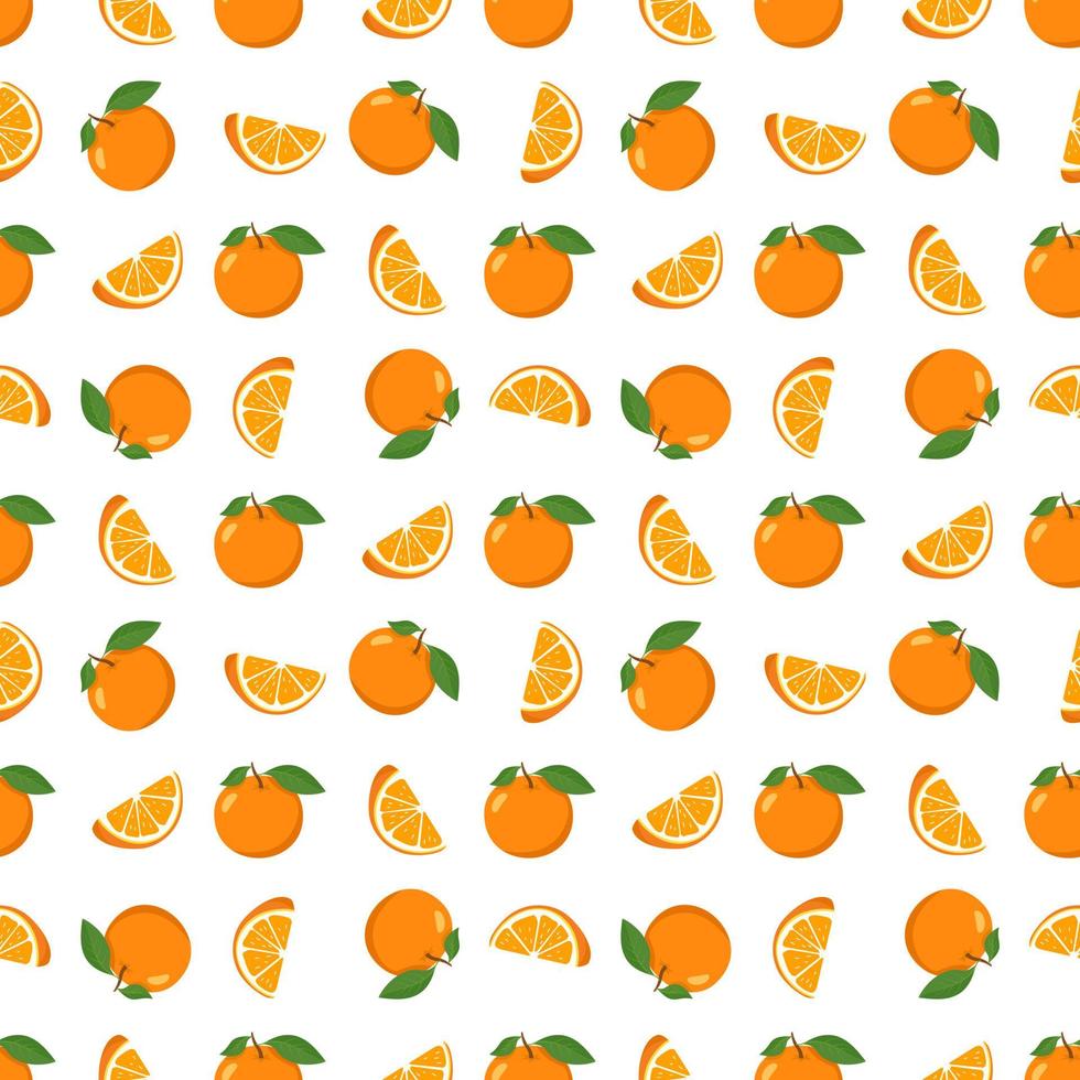 motivo luminoso primaverile ed estivo senza soluzione di continuità con arance e fette su sfondo bianco. un insieme di agrumi per uno stile di vita sano. illustrazione vettoriale piatta di cibo sano