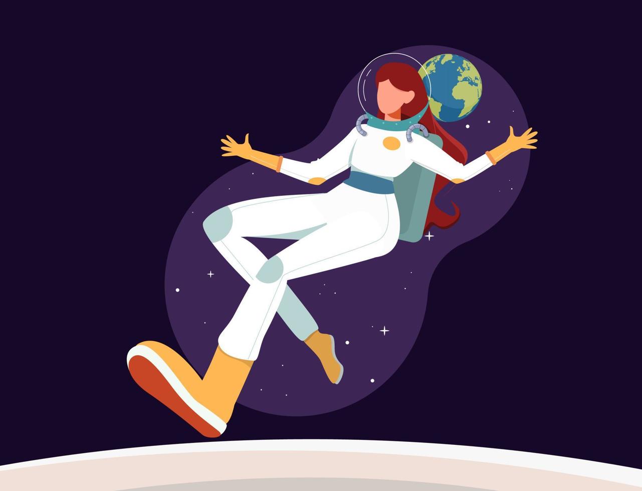 astronauta femminile che vola nel concetto di design piatto dello spazio, astronauta donna in tuta spaziale bianca con illustrazione vettoriale del fondo della terra