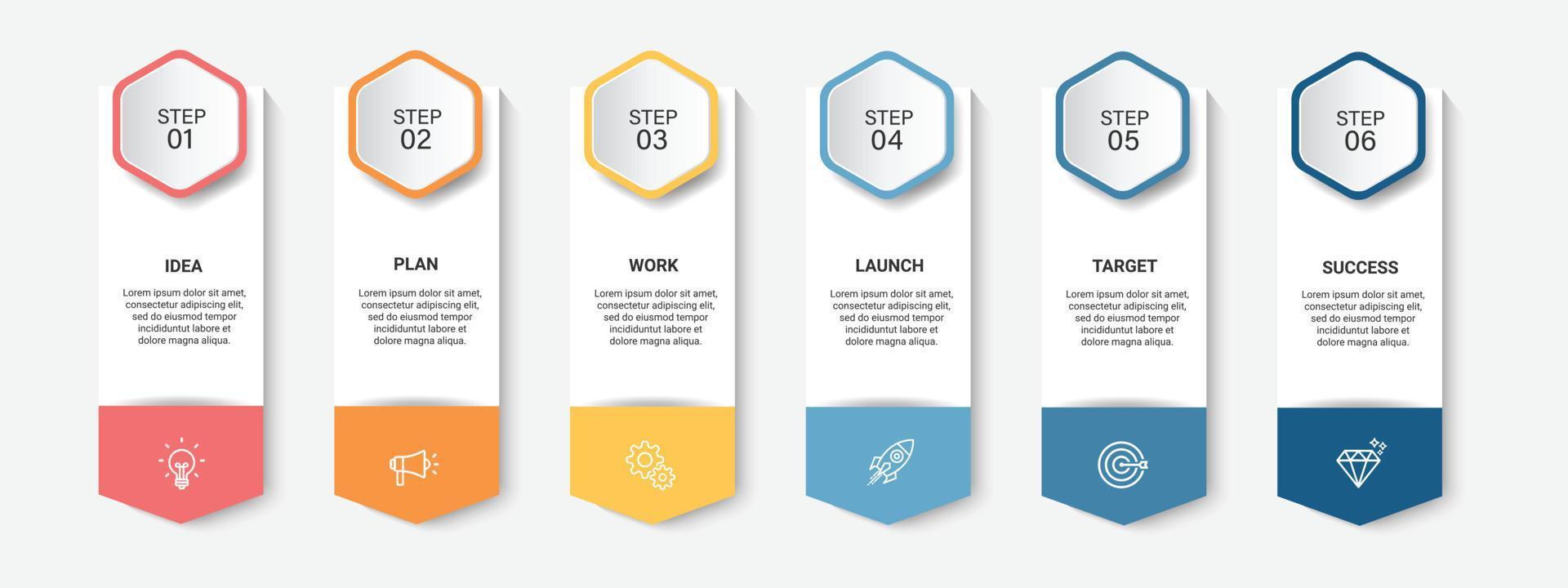 progettazione del modello di infografica del processo di timeline di affari di passaggi con le icone vettore