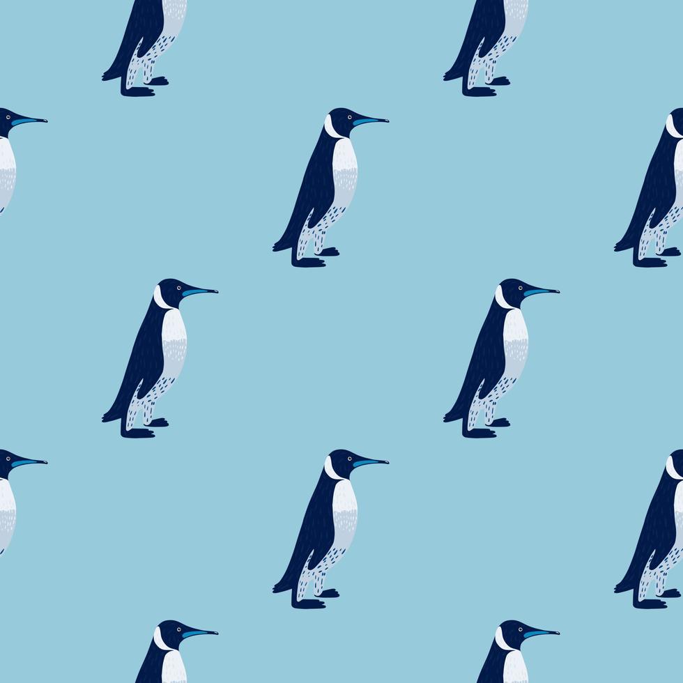 modello senza cuciture in stile minimalista cartone animato con semplice ornamento di pinguini. sfondo blu pastello. vettore