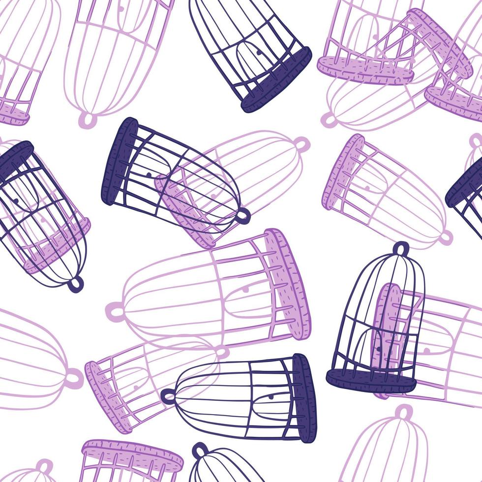 modello senza cuciture isolato con sagome di gabbia per uccelli viola e blu navy doodle cartoon stampa casuale. vettore