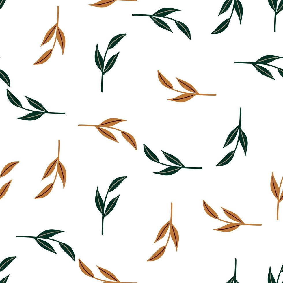 motivo decorativo senza cuciture con forme casuali di rami di foglie semplici arancioni e verdi. sfondo bianco. vettore