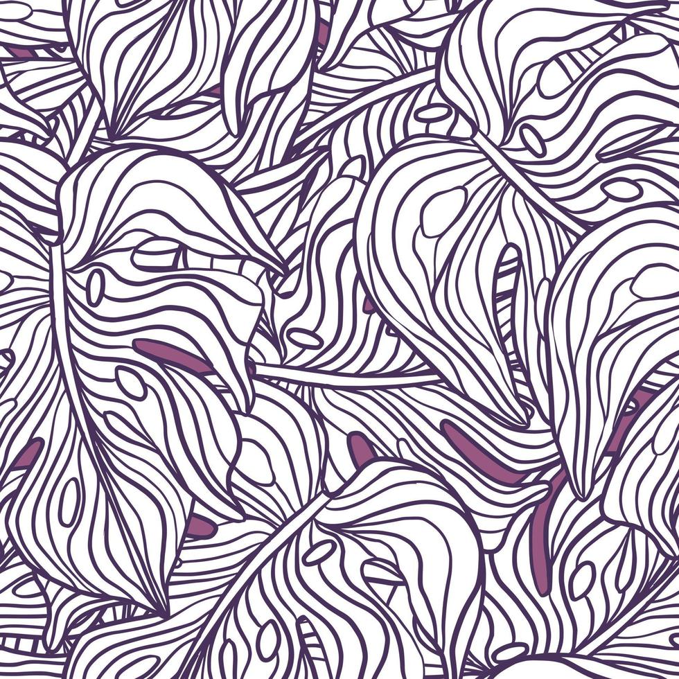 motivo floreale senza cuciture con grandi elementi di monstera con contorno viola. sfondo di fogliame di palma. vettore
