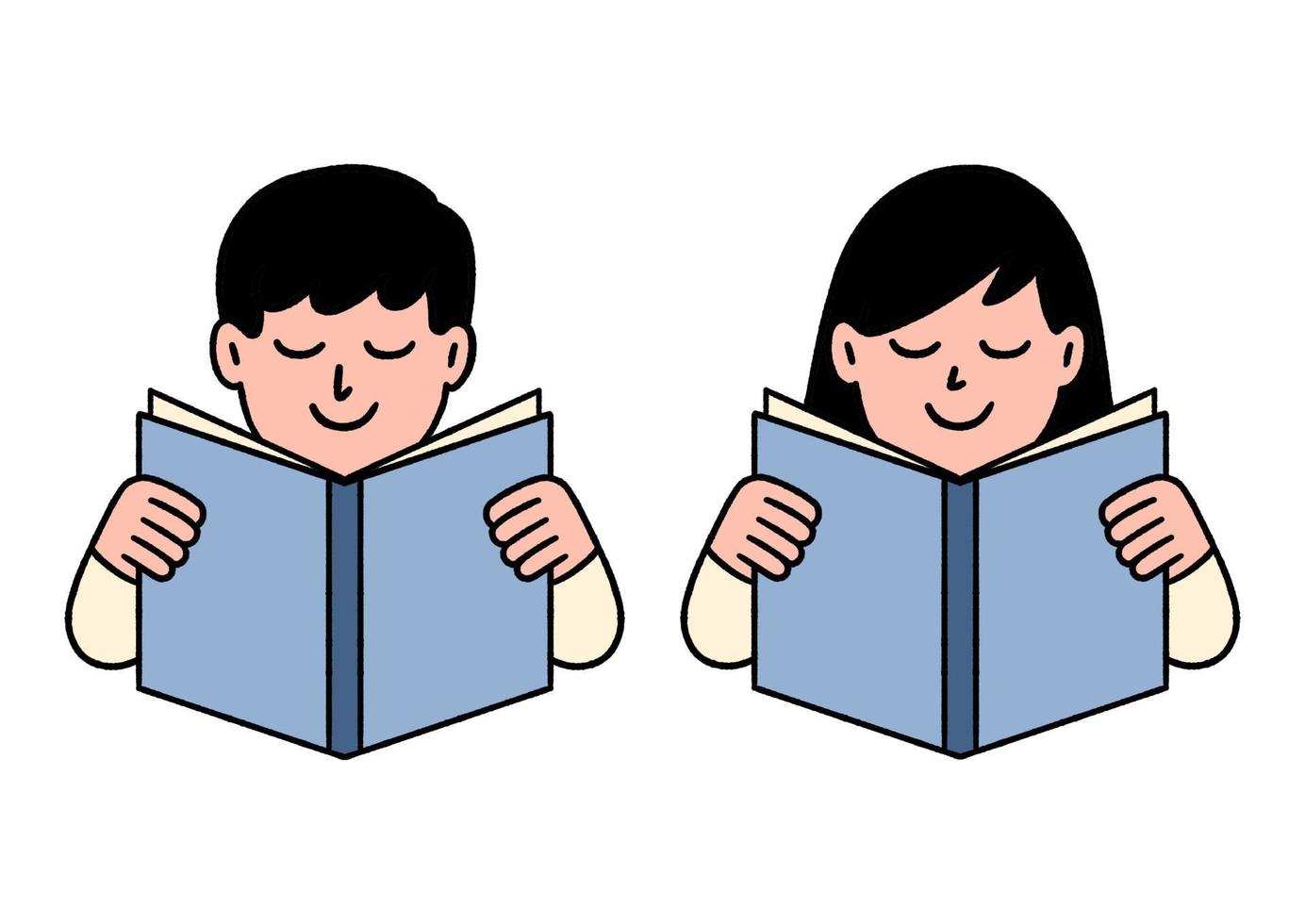 uomo e donna che leggono un'icona del logo del libro. disegnati a mano, simpatici personaggi, illustrazione vettoriale. vettore