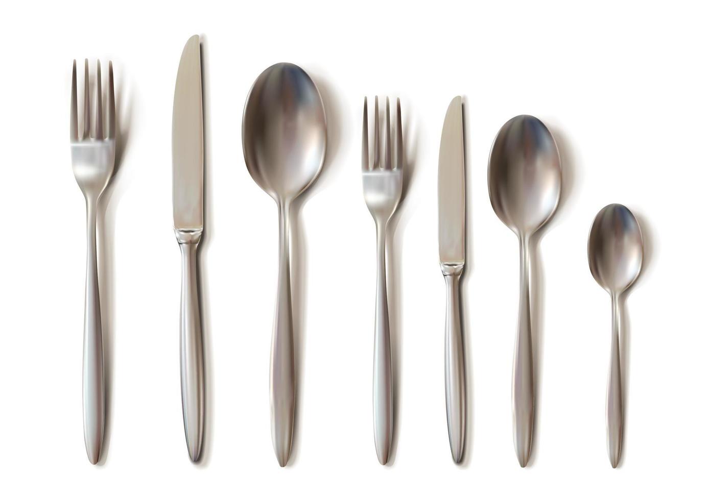 Set di posate realistiche 3d con coltello da tavola, cucchiaio, forchetta, cucchiaino e cucchiaio da pesce. vettore