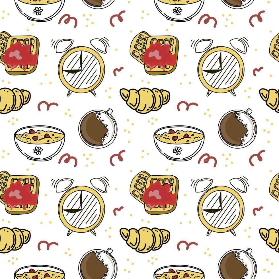 un modello di cibo mattutino senza cuciture. elementi in stile doodle disegnati a mano. colazione. Buon giorno. sveglia, caffè, polenta con frutti di bosco e croissant. semplice vettore di stile doodle.