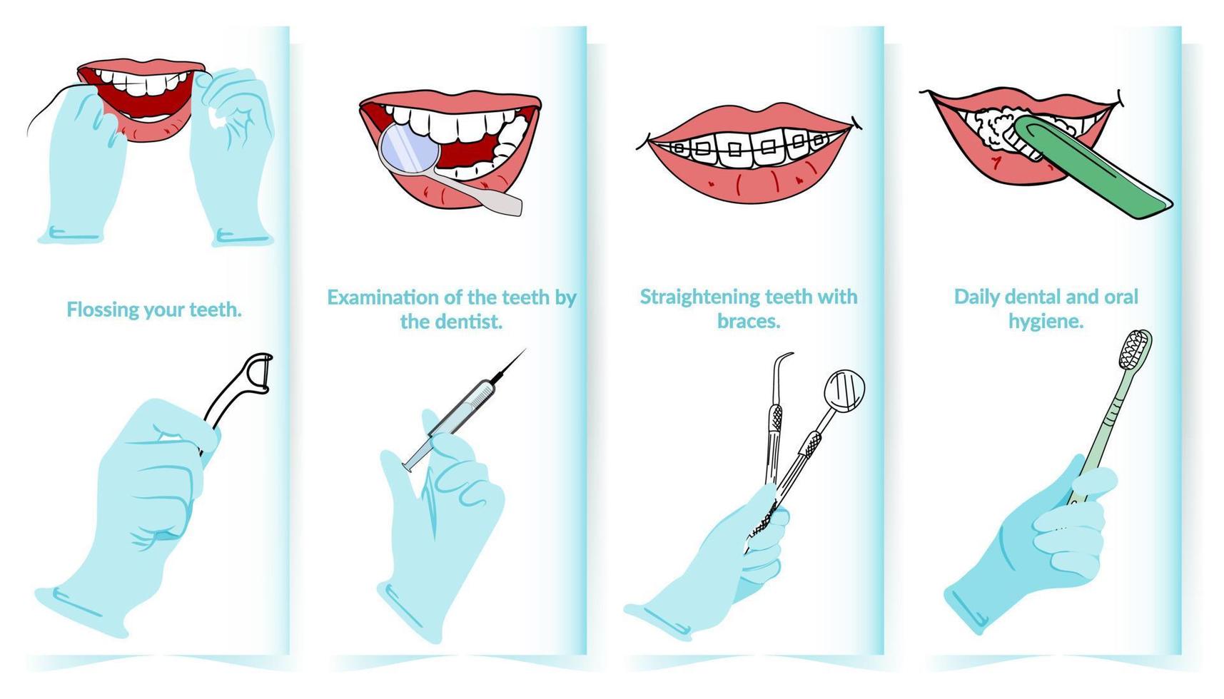 set vettoriale di diverse carte professionali per dentisti. informazioni sull'igiene orale. filo interdentale, strumenti dentali, bretelle e spazzolino da denti.