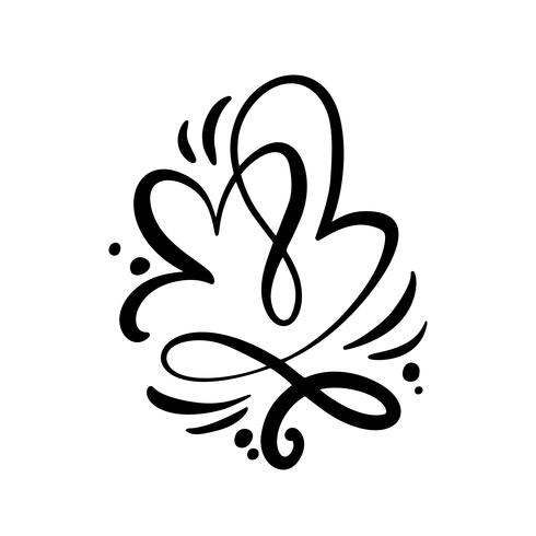 Segno romantico di amore del cuore di vettore due di calligrafia. Icona disegnata a mano del giorno di San Valentino. Simbolo di Concepn per t-shirt, biglietto di auguri, poster matrimonio. Design illustrazione piatta elemento