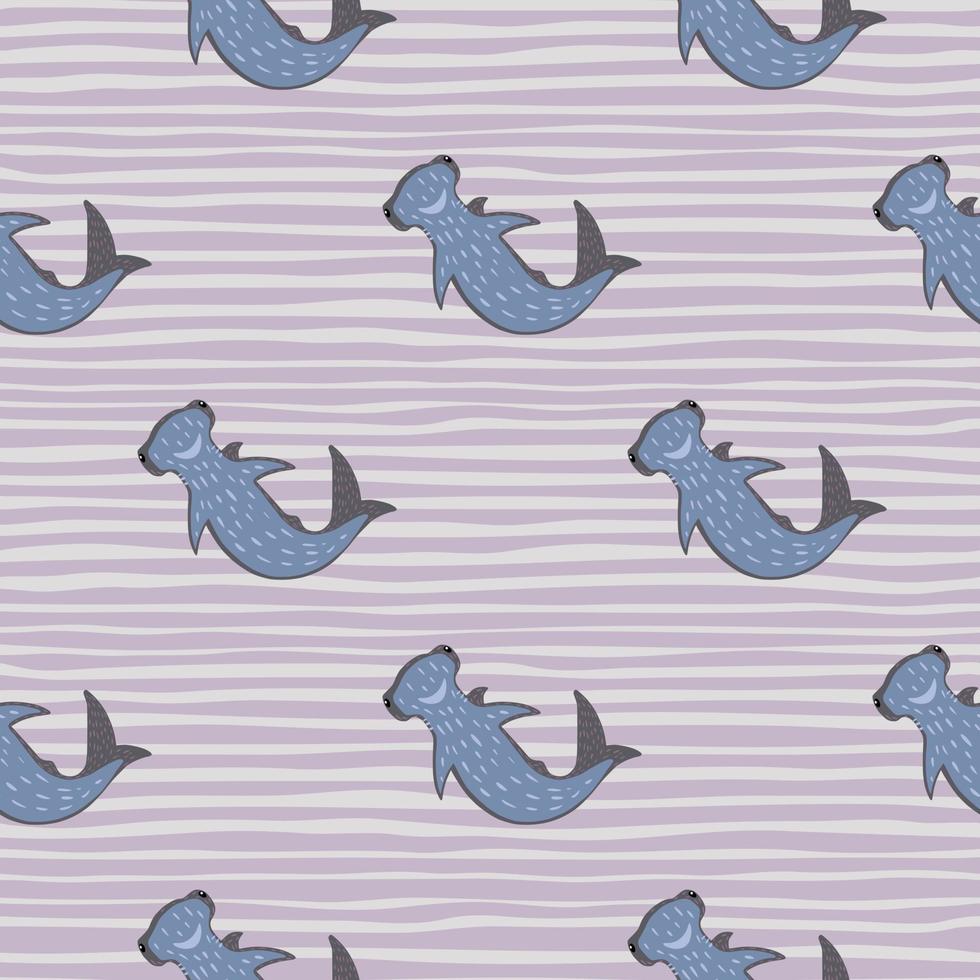 modello senza cuciture delle siluette degli squali martello blu. sfondo viola chiaro spogliato. vettore