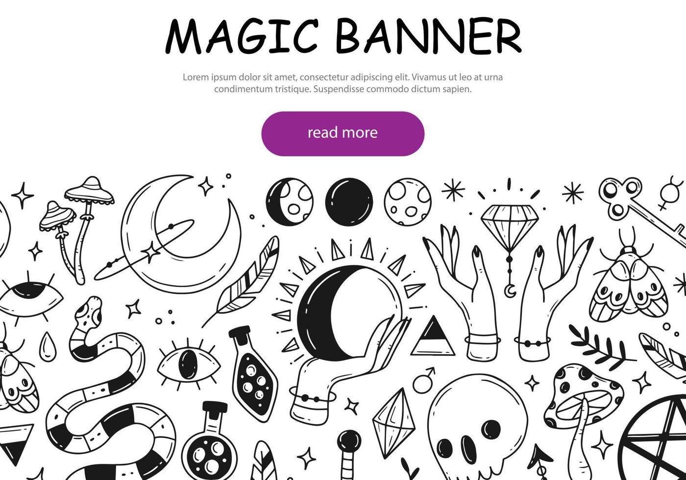 concetto di banner web sul tema della magia e dell'esoterismo con simpatici elementi doodle. illustrazione vettoriale in bianco e nero per siti, banner web.