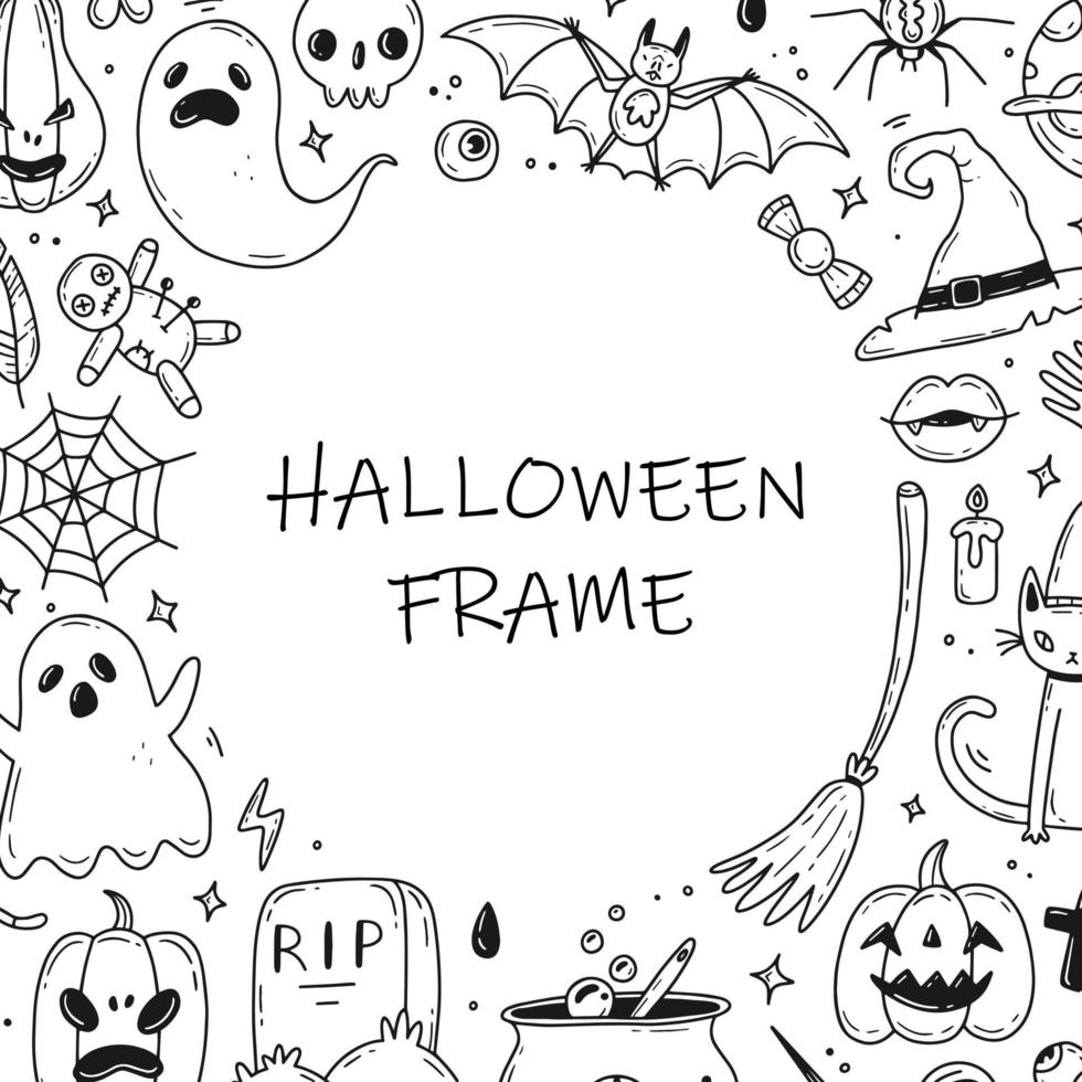 cornice fatta di elementi di doodle di halloween. una serie di scarabocchi di halloween. illustrazione vettoriale. vettore