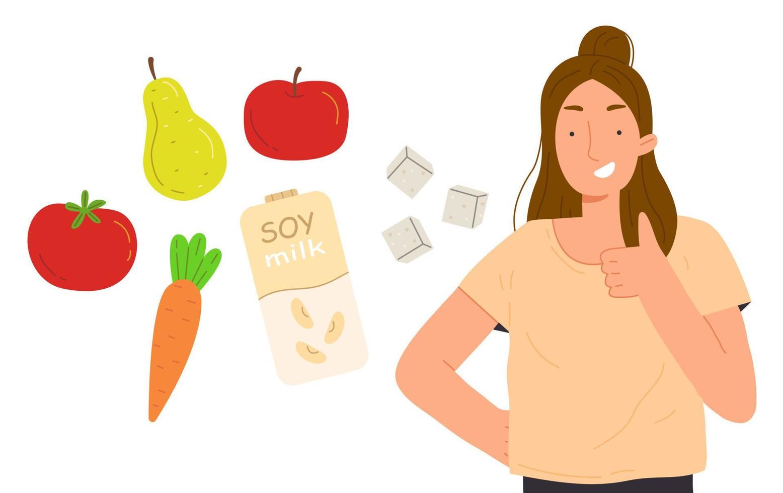 giovane ragazza felice con supporta cibo vegano e sorrisi. illustrazione vettoriale in stile cartone animato isolato su sfondo.