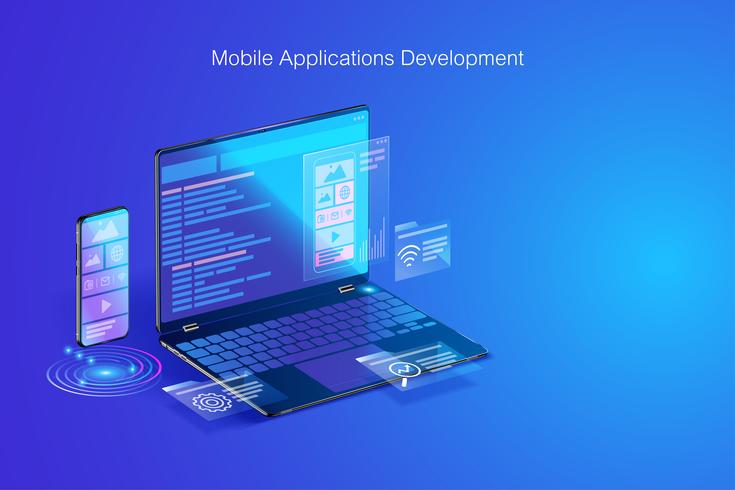 Sviluppo Web, progettazione di applicazioni, codifica e programmazione su laptop e smartphone con linguaggio di programmazione e codice di programma e layout su schermo vettore