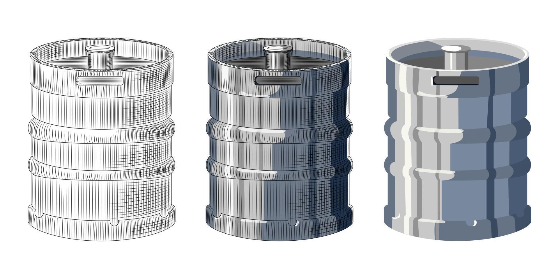 fusto di birra in metallo isolato su sfondo bianco. illustrazione vettoriale di botte di birra disegnata a mano.