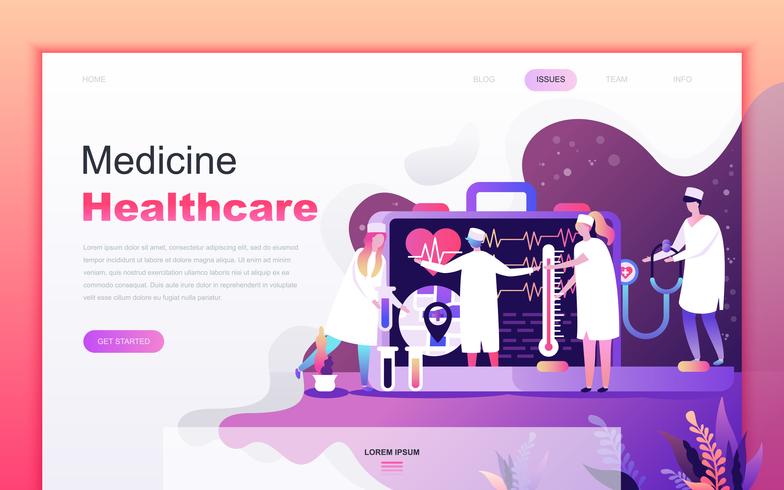 Concetto di design moderno fumetto piatto di Medicina e Sanità per lo sviluppo di applicazioni web e mobile. Modello di pagina di destinazione. Carattere di persone decorate per pagina web o homepage. Illustrazione vettoriale