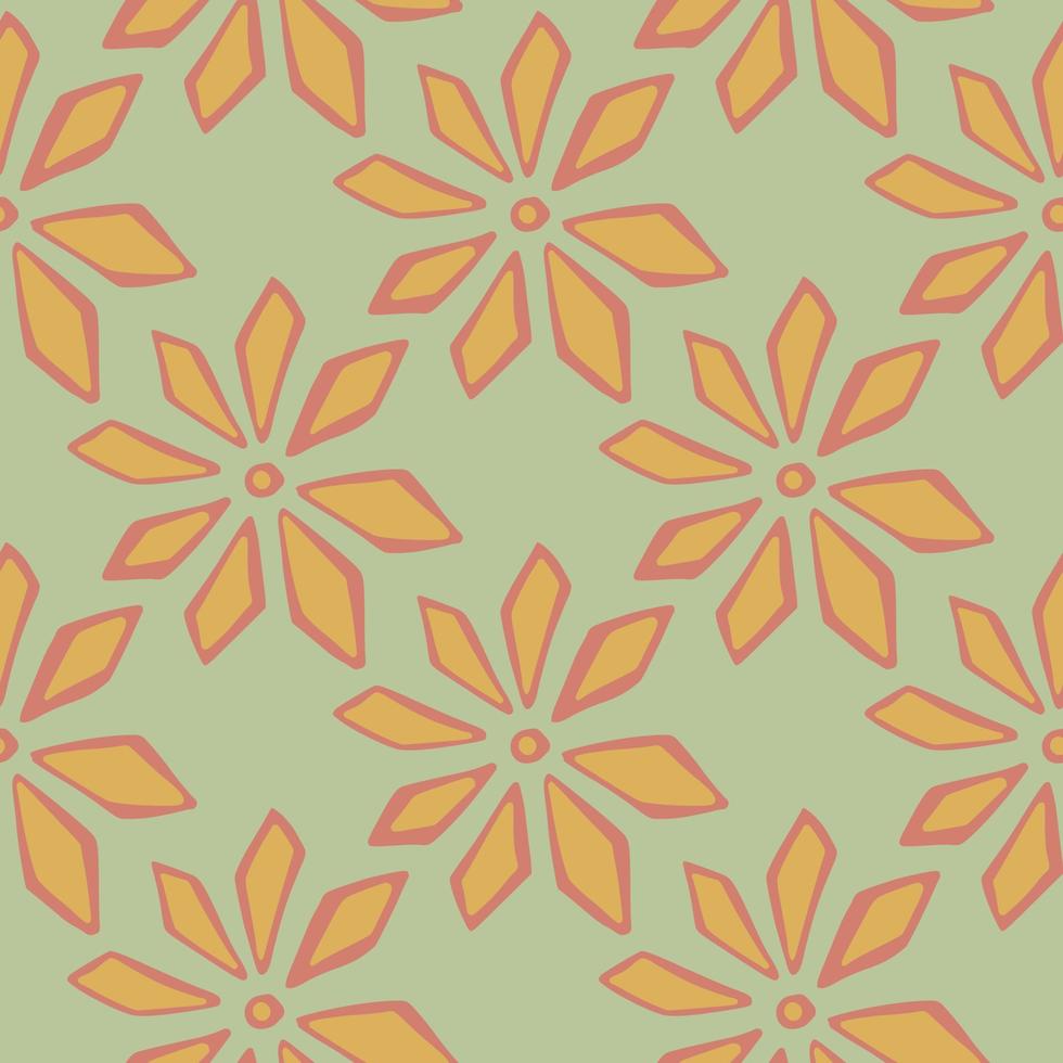 il garofano arancione botanico fiorisce il reticolo senza giunte di doodle in stile astratto. sfondo verde pastello. vettore