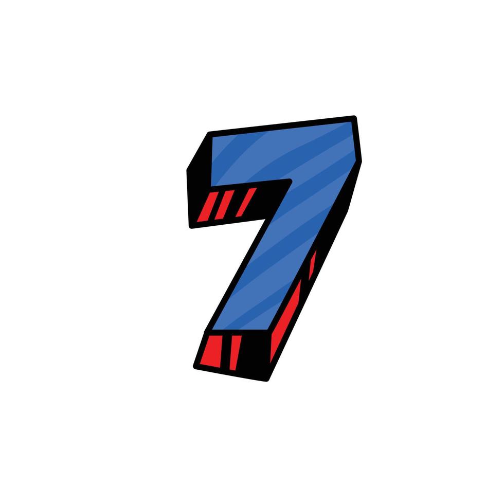 figura 7 in stile cartone animato. vettore. figure di contorno lineari blu scuro con riempimento blu. numeri arabi spessi luminosi. numeri all'ingrosso. riempimento a motivi. vettore