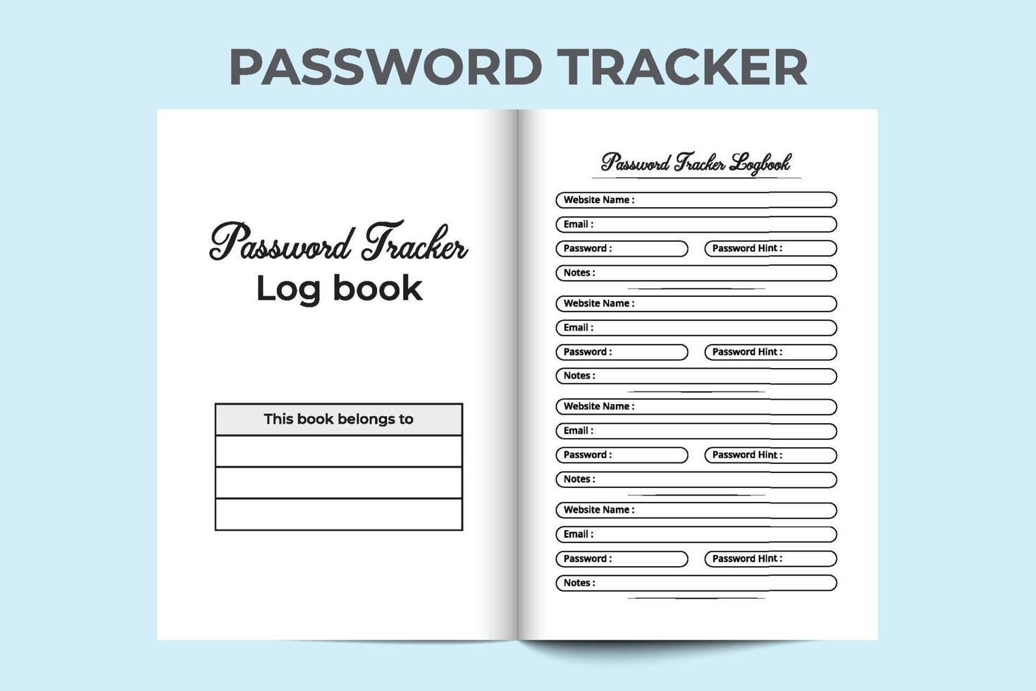 interno del diario del tracker password. modello di diario delle informazioni sul sito Web e tracker password. modello interno di registro. interno del taccuino del tracker password. tracker di informazioni sul sito web. vettore