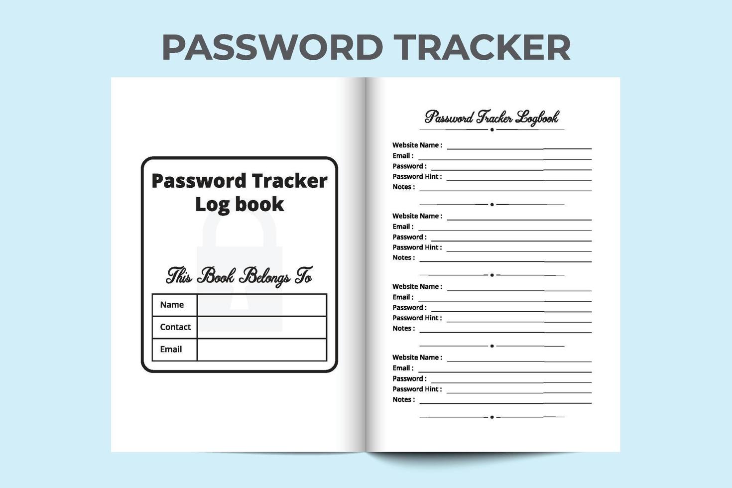 interno del taccuino del tracker password. interno del registro delle informazioni del sito web. password e diario di monitoraggio delle informazioni sul sito Web. interno del taccuino. diario di rilevamento password. vettore