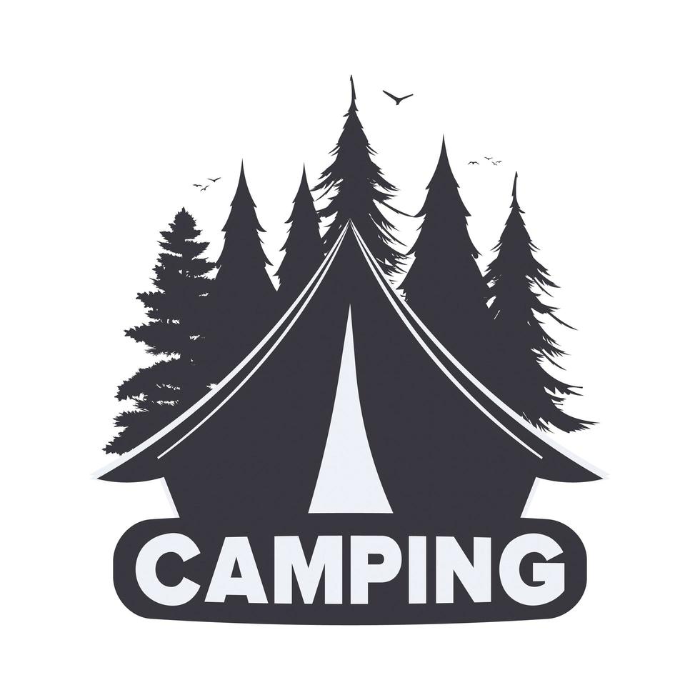 logo da campeggio con tenda e silhouette foresta. isolato. vettore. vettore