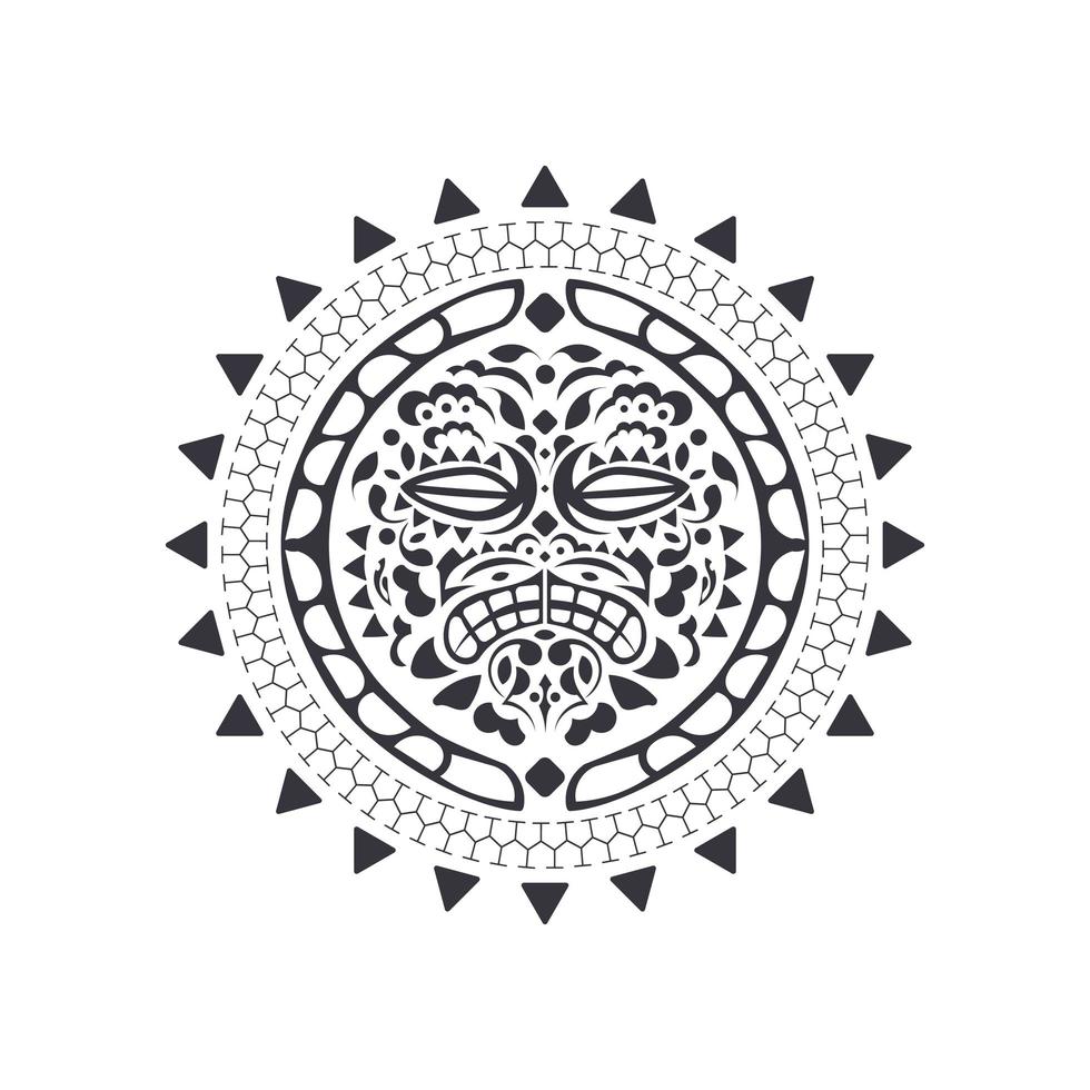tatuaggio in stile hawaiano polinesiano a forma di maschera rotonda. modello rotondo tribale della tribù maya. isolato. illustrazione vettoriale. vettore