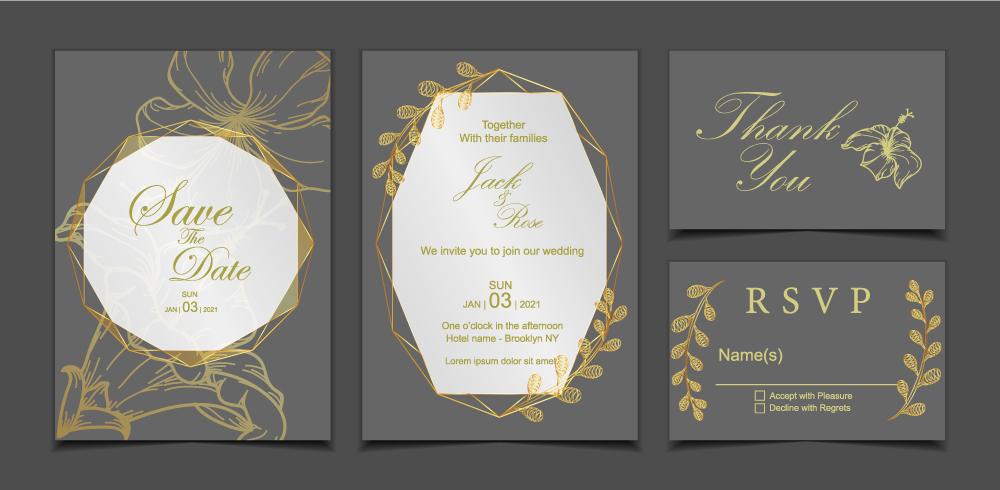 Modello di carta di invito matrimonio di lusso. Sfondo scuro e cornice dorata geometrica con decorazione floreale Fiore di ibisco e foglie selvatiche vettore