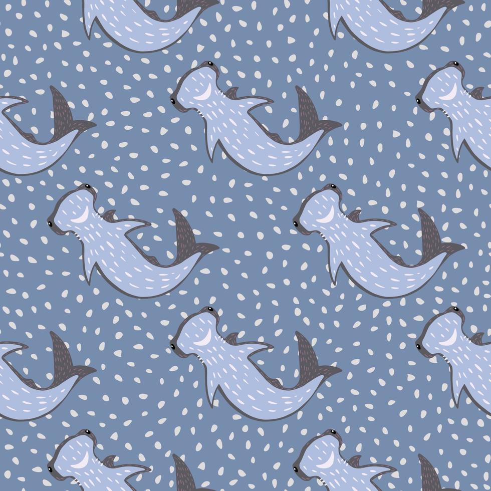 modello di doodle senza cuciture della natura con gli squali martello blu del fumetto. stampa animalier con sfondo blu punteggiato. vettore