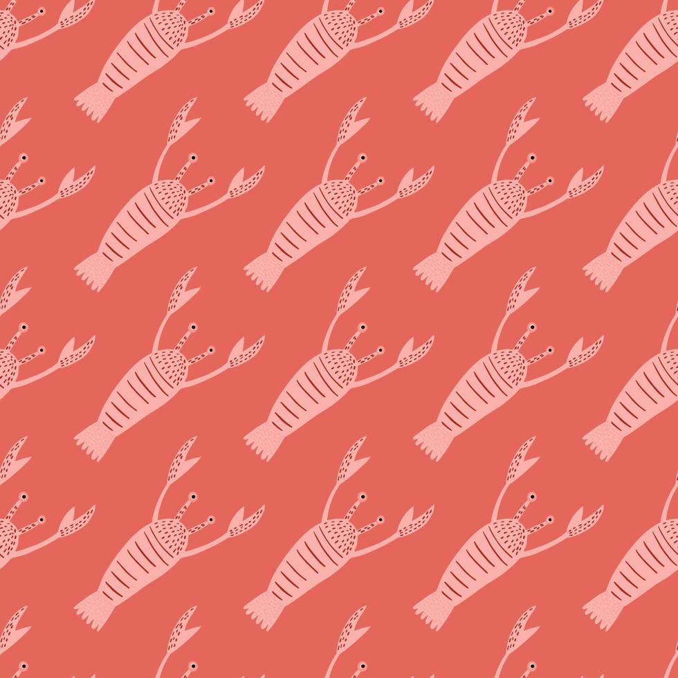modello senza cuciture di pesce creativo con sagome di aragosta rosa chiaro. animale marino del fumetto su sfondo rosso pastello. vettore