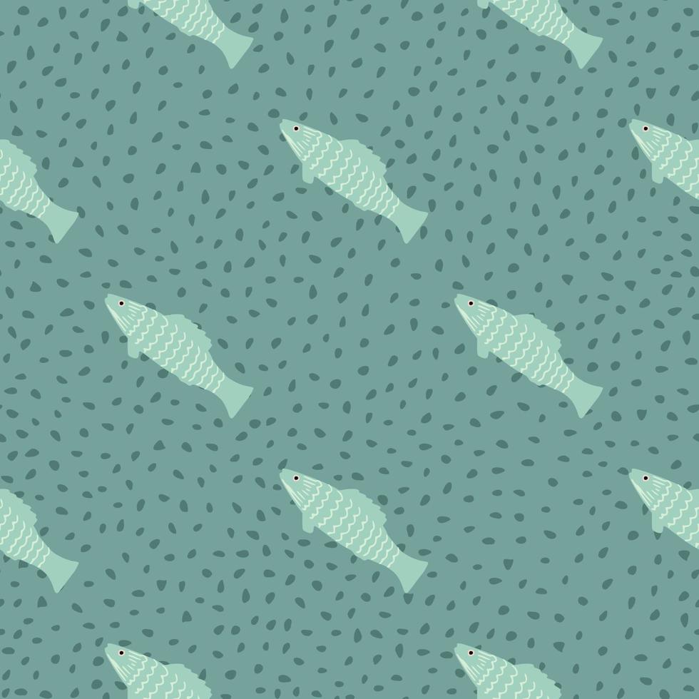 modello senza cuciture dell'ornamento di doodle di pesce semplice. sagome di animali oceanici disegnati a mano su sfondo punteggiato. stampa colorata blu e turchese. vettore