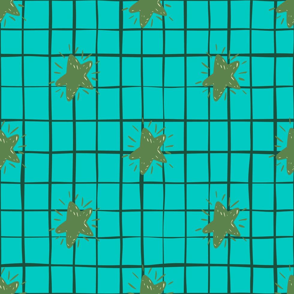 stelle verdi ornamento seamless doodle pattern. forme semplici su sfondo a scacchi turchese. vettore