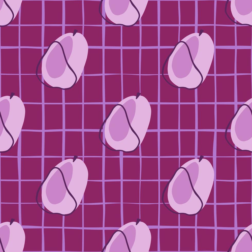 modello senza cuciture di frutti astratti con sagome di prugne doodle biologico. sfondo a scacchi viola. forme fresche. vettore