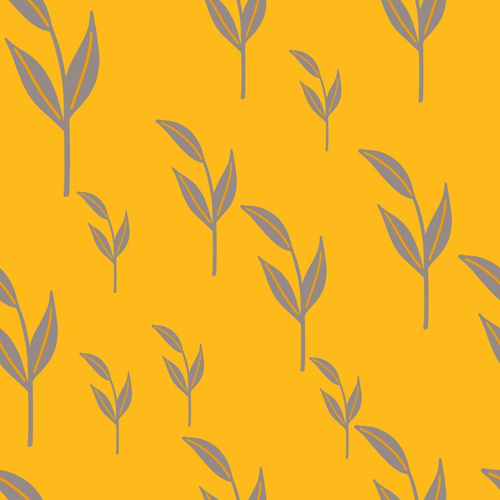 foglie grigie casuali rami senza cuciture in stile doodle. sfondo giallo brillante. arredamento astratto. vettore
