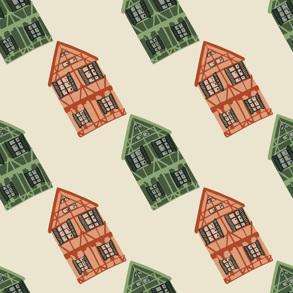 Europa edificio modello senza cuciture con sagome di casa arancione e verde. sfondo pastello chiaro. vettore