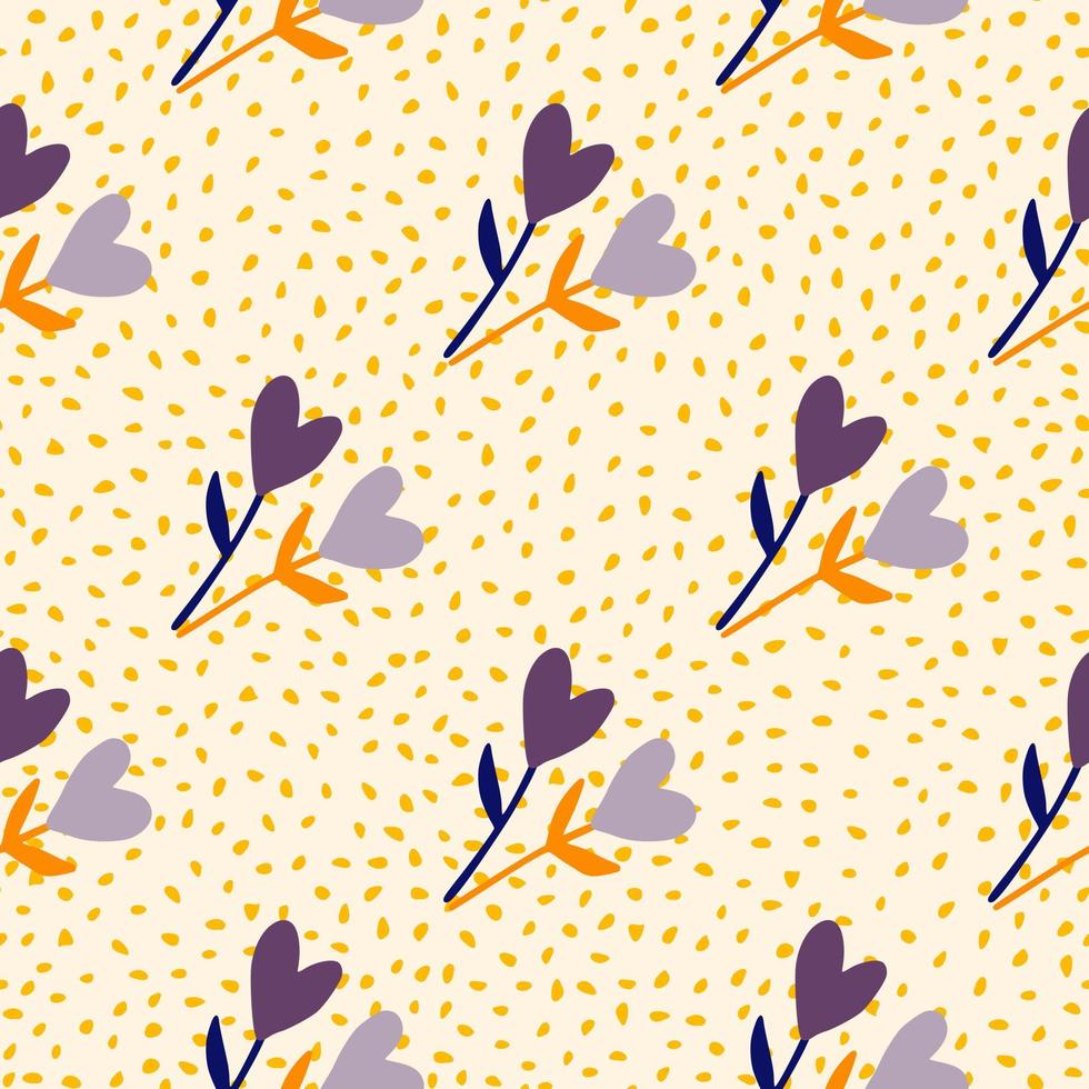 fiore cuori semplice doodle seamless pattern. sfondo giallo chiaro con punti. ornamento floreale diagonale nei colori blu. vettore