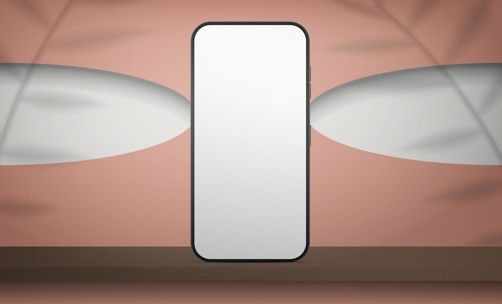 un telefono con uno schermo bianco si trova su un tavolo di legno. una camera rosa dal design elegante. banner pronto per la tua pubblicità. illustrazione vettoriale. stile realistico. vettore