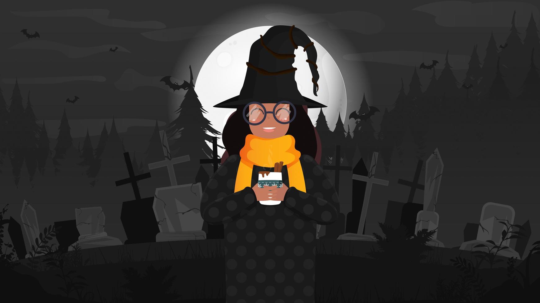 ragazza afroamericana vestita da strega. tema di halloween. stile cartone animato. illustrazione vettoriale. vettore