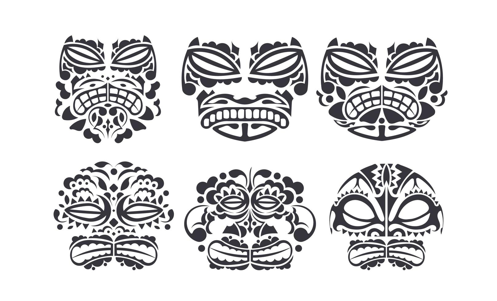 grande set di maschere con motivi di cultura maori e polinesiana. faccia stile tatuaggio tribale polinesiano. fatto a mano. illustrazione vettoriale. vettore