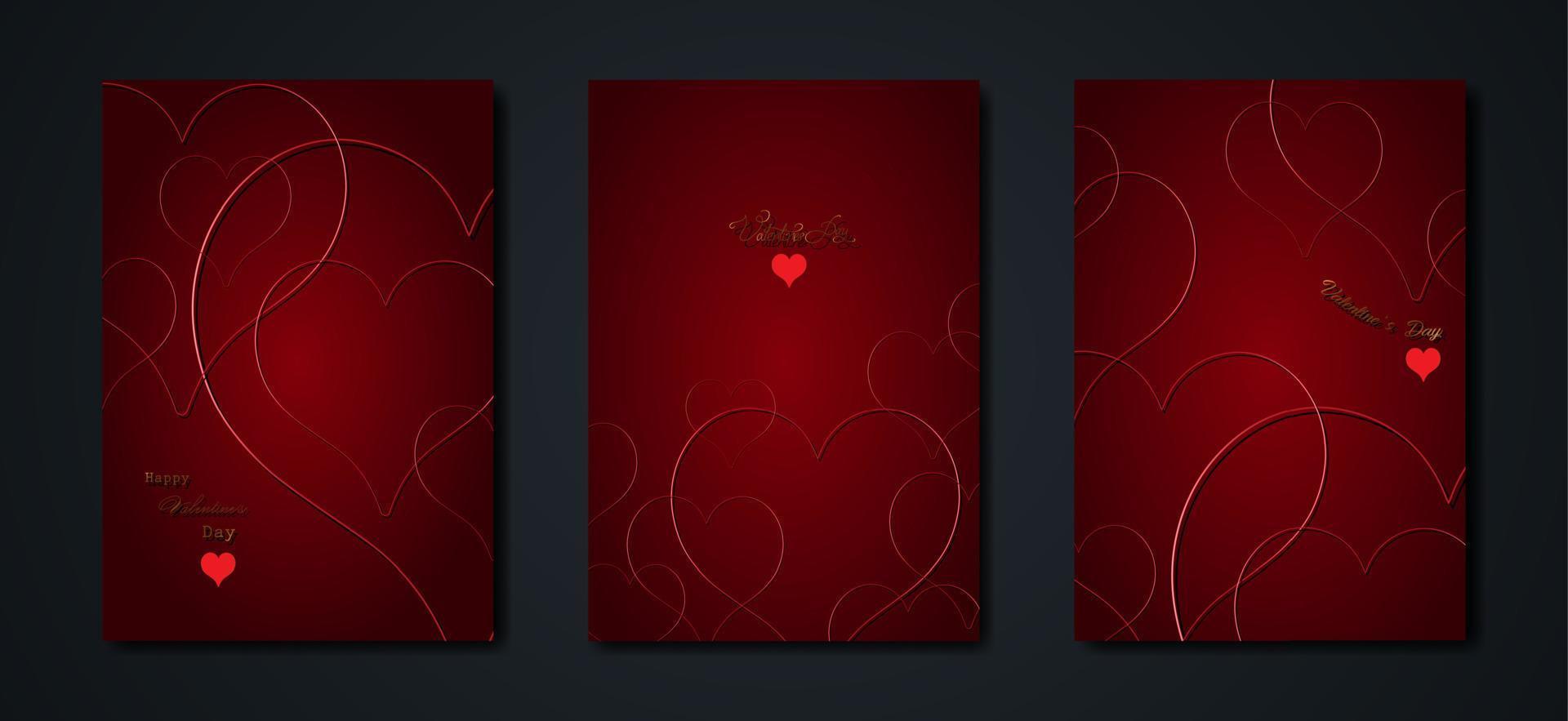 felice giorno di san valentino vector set biglietto di auguri. cuore d'oro su sfondo rosso. poster vacanze d'oro con testo, gioielli. concetto per banner di San Valentino, volantino, invito a una festa, negozio di articoli da regalo di gioielli