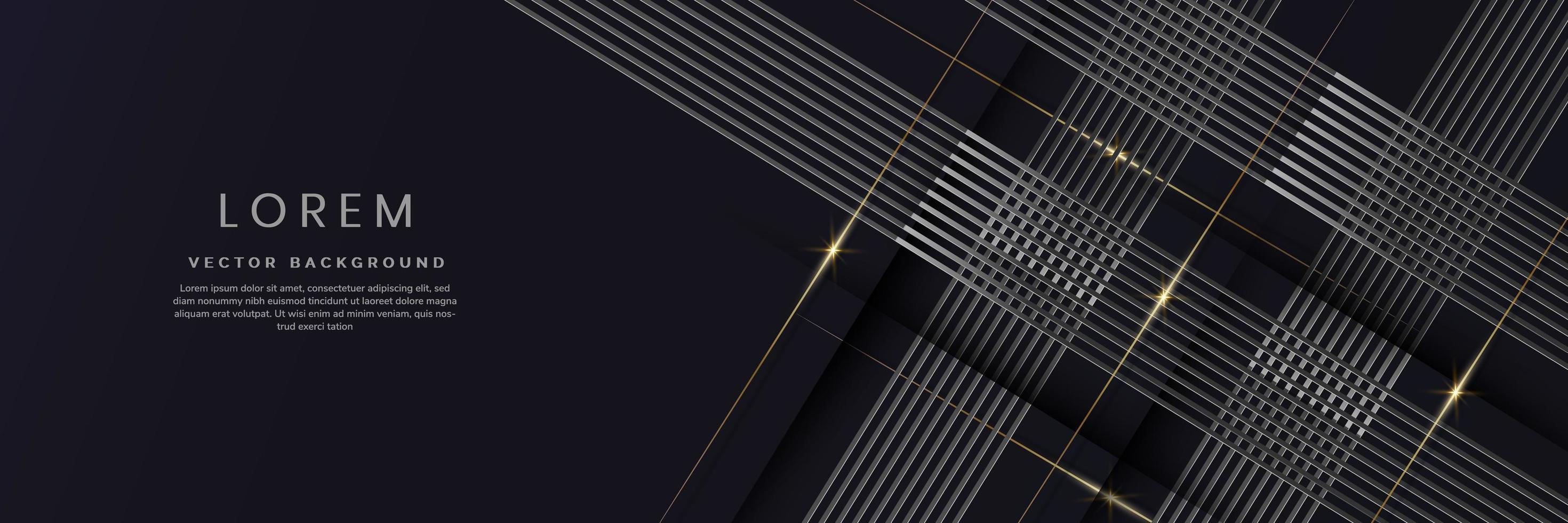 modello di lusso 3d astratto linee dimensionali diagonali argento sovrapposte a linee dorate effetto luce su sfondo blu scuro. vettore