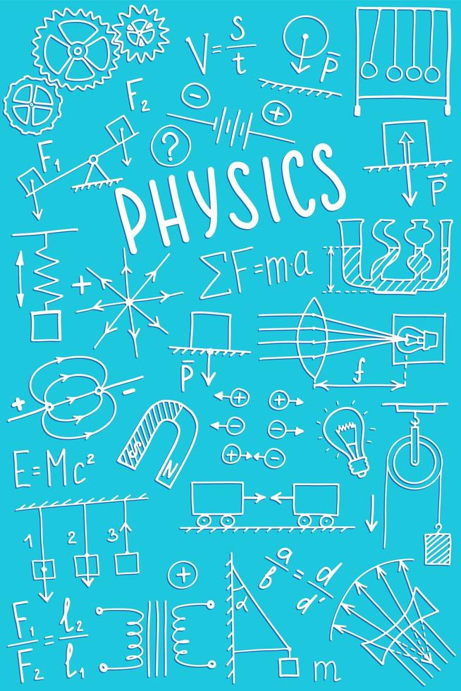 set di icone di simboli di fisica. disegno di doodle di materie scientifiche. concetto di istruzione e studio. torna a scuola sfondo impreciso per taccuino, non blocco, album da disegno. vettore