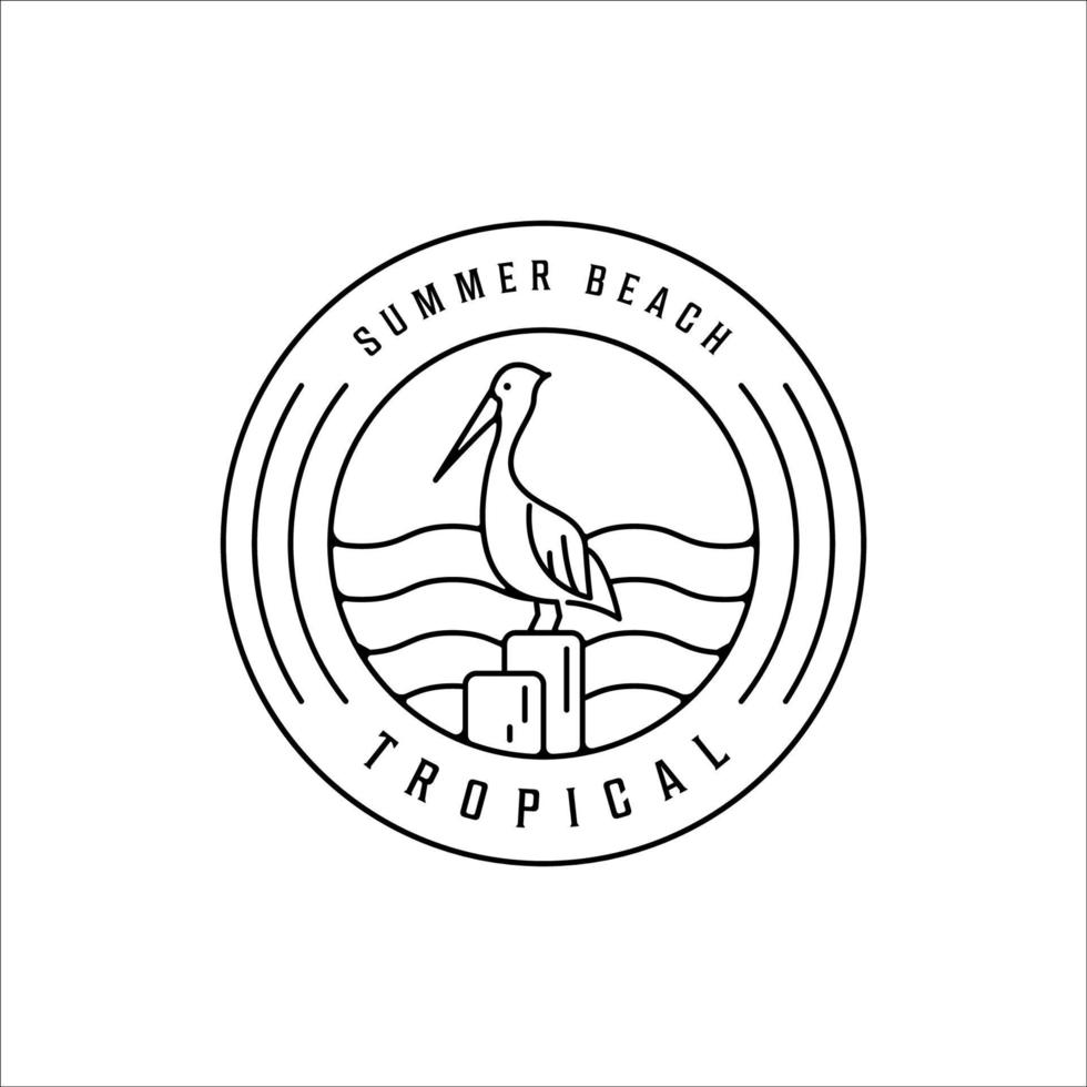isola tropicale line art logo minimalista semplice illustrazione vettoriale modello icona design. concetto lineare di pellicano e spiaggia estiva con tipografia di badge circolare
